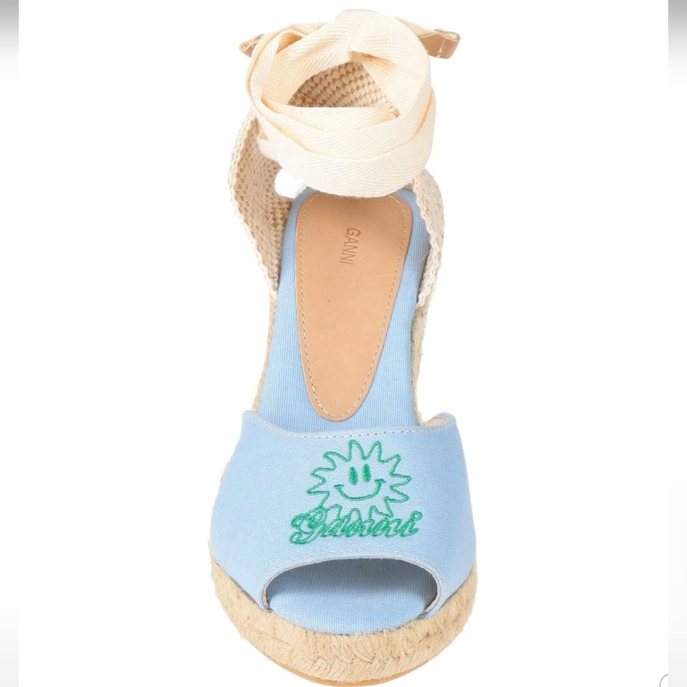 Ganni Canvas Open Toe Wedge Platform Lace Up Espadrilles Light Blue Cream - Picture 3 of 10